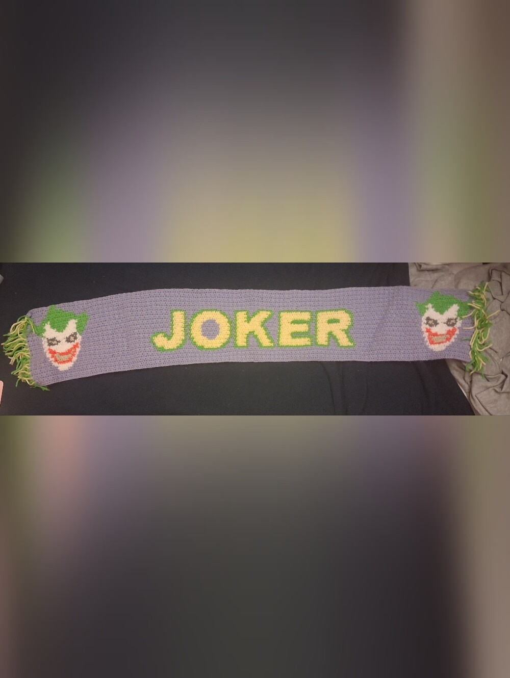 Handmade 'JOKER' Crochet Scarf in Lavender and Yellow